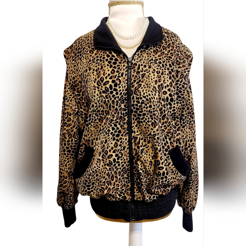 Vintage Three Flaggs California Leopard Print Front Zip Jacket